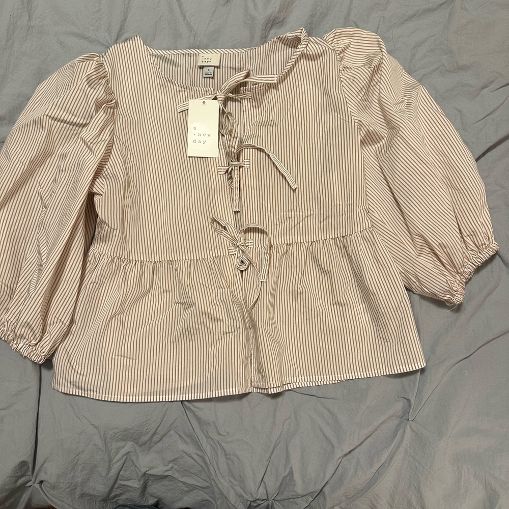 A New Day Tan Puff Sleeve Peplum Blouse